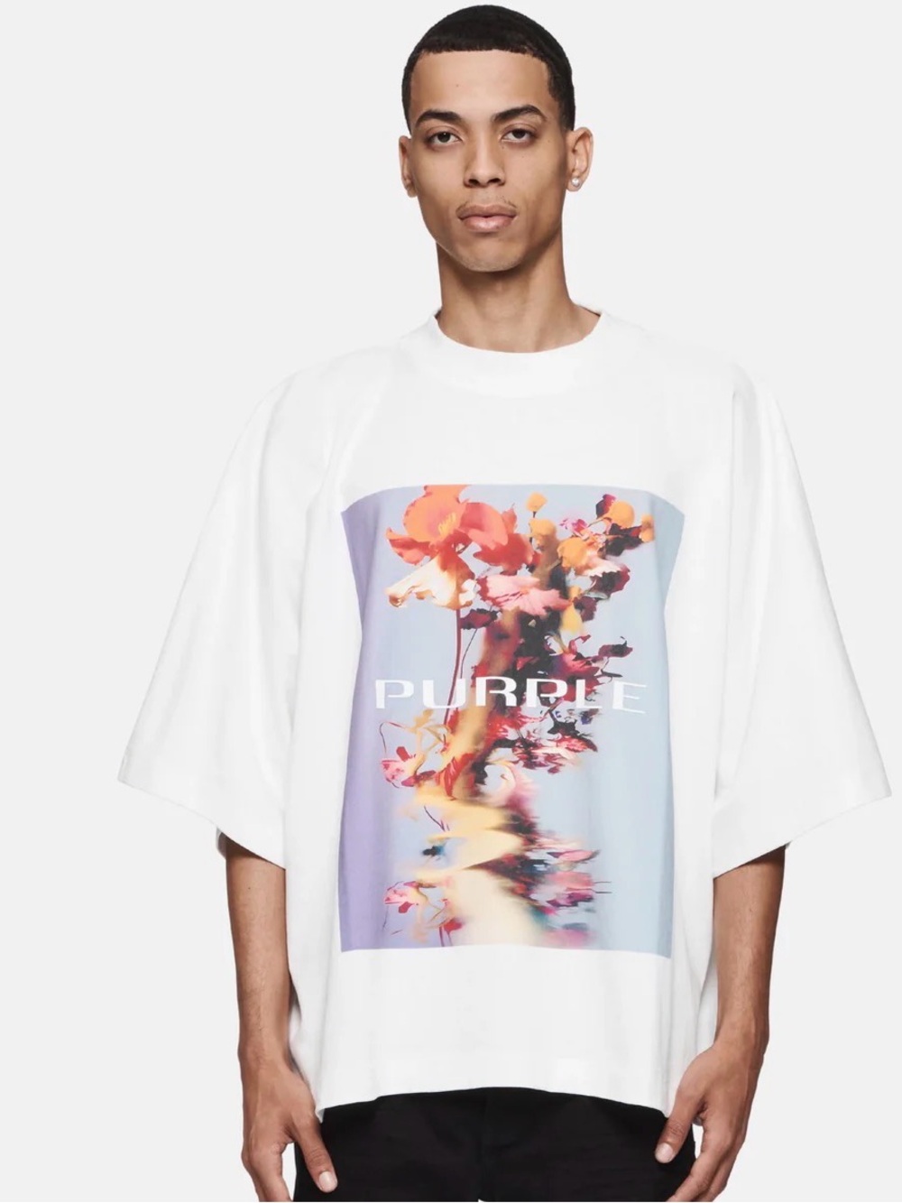 White Graphic Floral Oversized Tee with 'Purple' Print